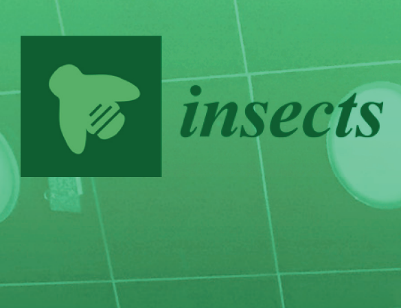 The Insects journal logo of a the outline of a basic fly with its head facing the top left corner in light green, surrounded by a dark green box and the text 'insects' in dark green to the right of the box