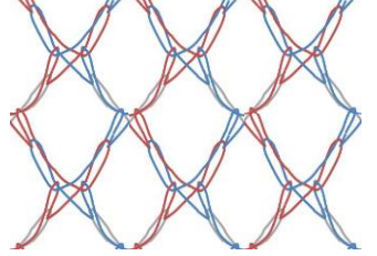 Drawing of ITN mesh fabric displayed as looping red and blue lines to form seven diamond shapes.