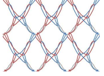 Drawing of ITN mesh fabric displayed as looping red and blue lines to form seven diamond shapes.