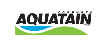 The text 'AQUATAIN' in black with the centre of the 'Q' shaped like a white droplet. The text 'PRODUCT in small letters is writtern above the -TAIN' part of Aquatain. Below the 'AQU' is a blue half oval separated by white with two green mounds on either side of it.