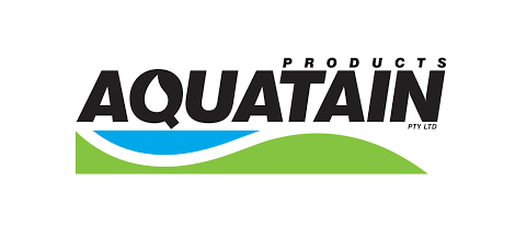 The text 'AQUATAIN' in black with the centre of the 'Q' shaped like a white droplet. The text 'PRODUCT in small letters is writtern above the -TAIN' part of Aquatain. Below the 'AQU' is a blue half oval separated by white with two green mounds on either side of it.