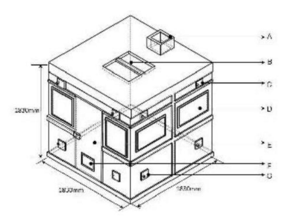 Black and white drawing of the PEET Grady test chamber with measurements showing a cube structure with multiple square openings on each side and on the roof.