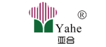 'Yahe' in written in black on the right of the image with a block depiction of two green leaves and a three petalled flower in magenta and white vertical stripes to the left.
