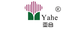 'Yahe' in written in black on the right of the image with a block depiction of two green leaves and a three petalled flower in magenta and white vertical stripes to the left.