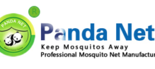 Green circle to the left of the image. Inside the circle is the image of two pandas under a bed net and the words 'Panda net' above them. to the right of the image are the words 'Panda Net' in a gradient blue. Below it are two lines of black text that read 'Keep Mosquitoes Away, Professional Mosquito Net Manufacturer'