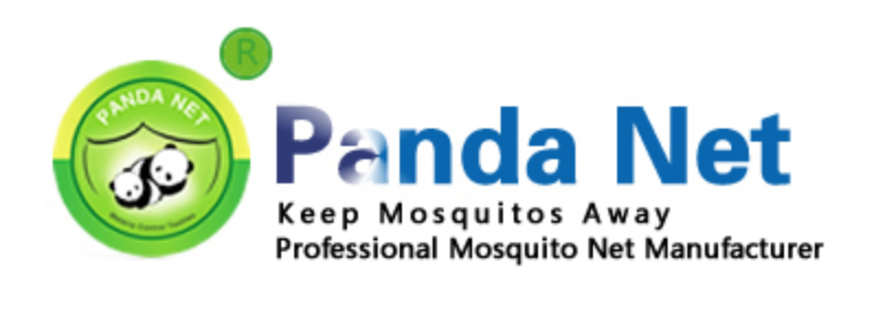 Green circle to the left of the image. Inside the circle is the image of two pandas under a bed net and the words 'Panda net' above them. to the right of the image are the words 'Panda Net' in a gradient blue. Below it are two lines of black text that read 'Keep Mosquitoes Away, Professional Mosquito Net Manufacturer'