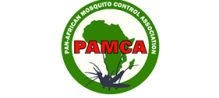The word PAMCA in red with a green border superimposed on a green image of the African continent on a white background with a large black mosquito silhouette at the bottom of the image. The entire image is surrounded by a green circle in which the top part of the circle is written 'PAN-AFRICAN MOSQUITO CONTROL ASSOCIATION'