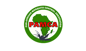The word PAMCA in red with a green border superimposed on a green image of the African continent on a white background with a large black mosquito silhouette at the bottom of the image. The entire image is surrounded by a green circle in which the top part of the circle is written 'PAN-AFRICAN MOSQUITO CONTROL ASSOCIATION'