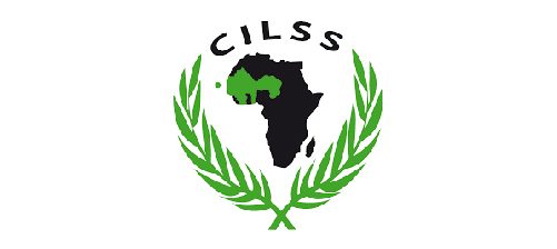 Two green branches with leaves, crossed at the bottom and bending upward around a black silhouette of the African continent. The letters CILSS arch above the image of Africa connecting the branches. Select countries in West Africa are highlighted in green within the black silhouette of the continent.